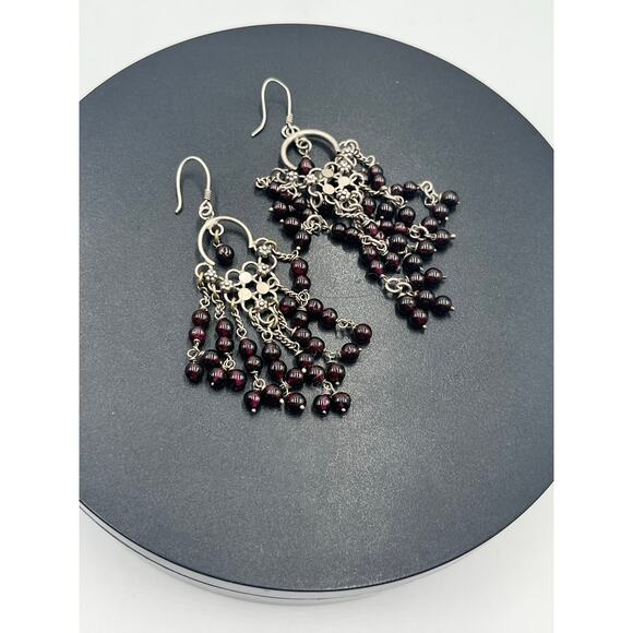 Sterling Silver 925 Garnet Beaded‎ Chandelier Dangle Flowing Earrings January - Picture 7 of 7